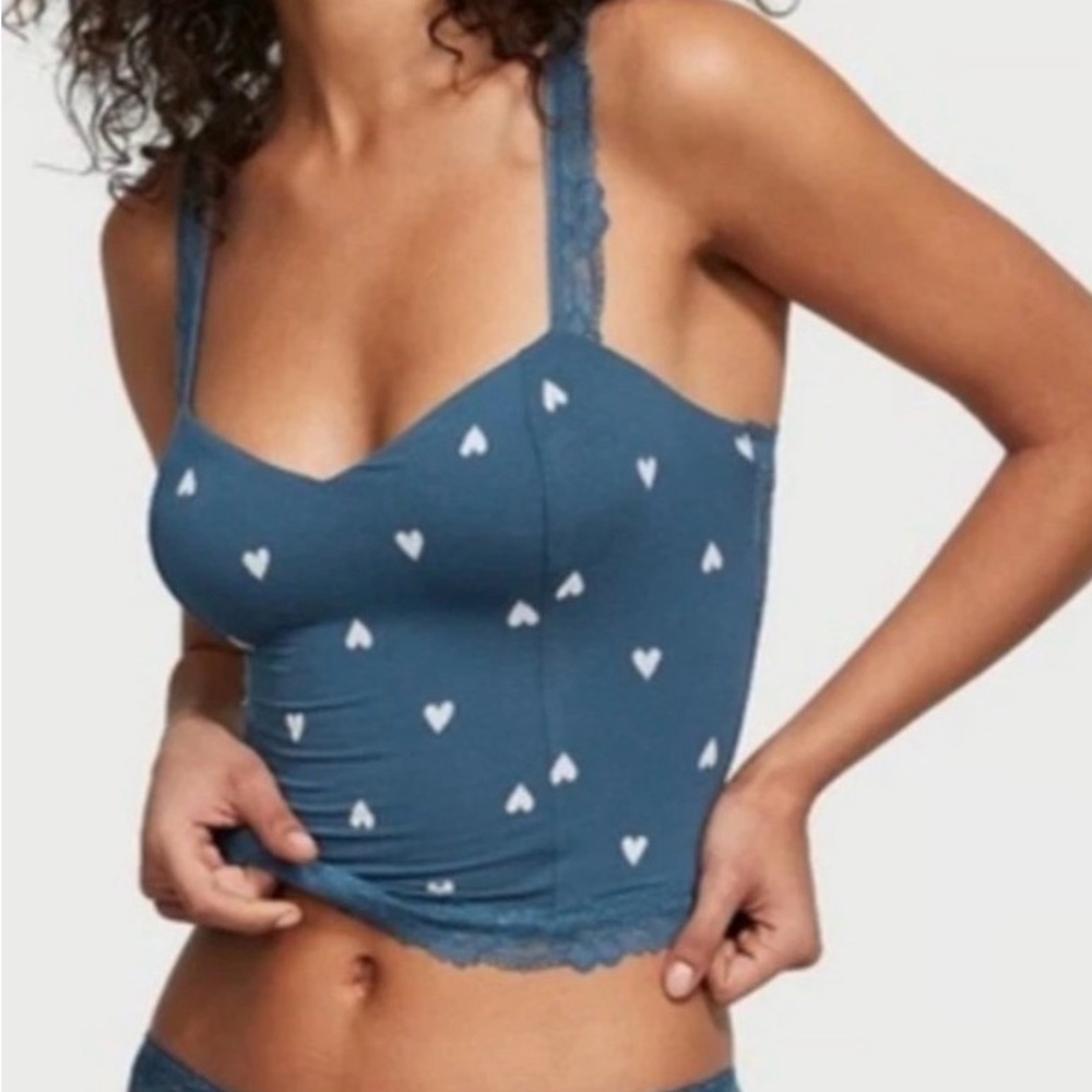Victoria’s Secret Blue Heart Print Camisole Bralette Sz Medium Lace detail
